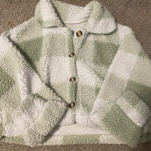 Green and White Checkered Sherpa Jacket